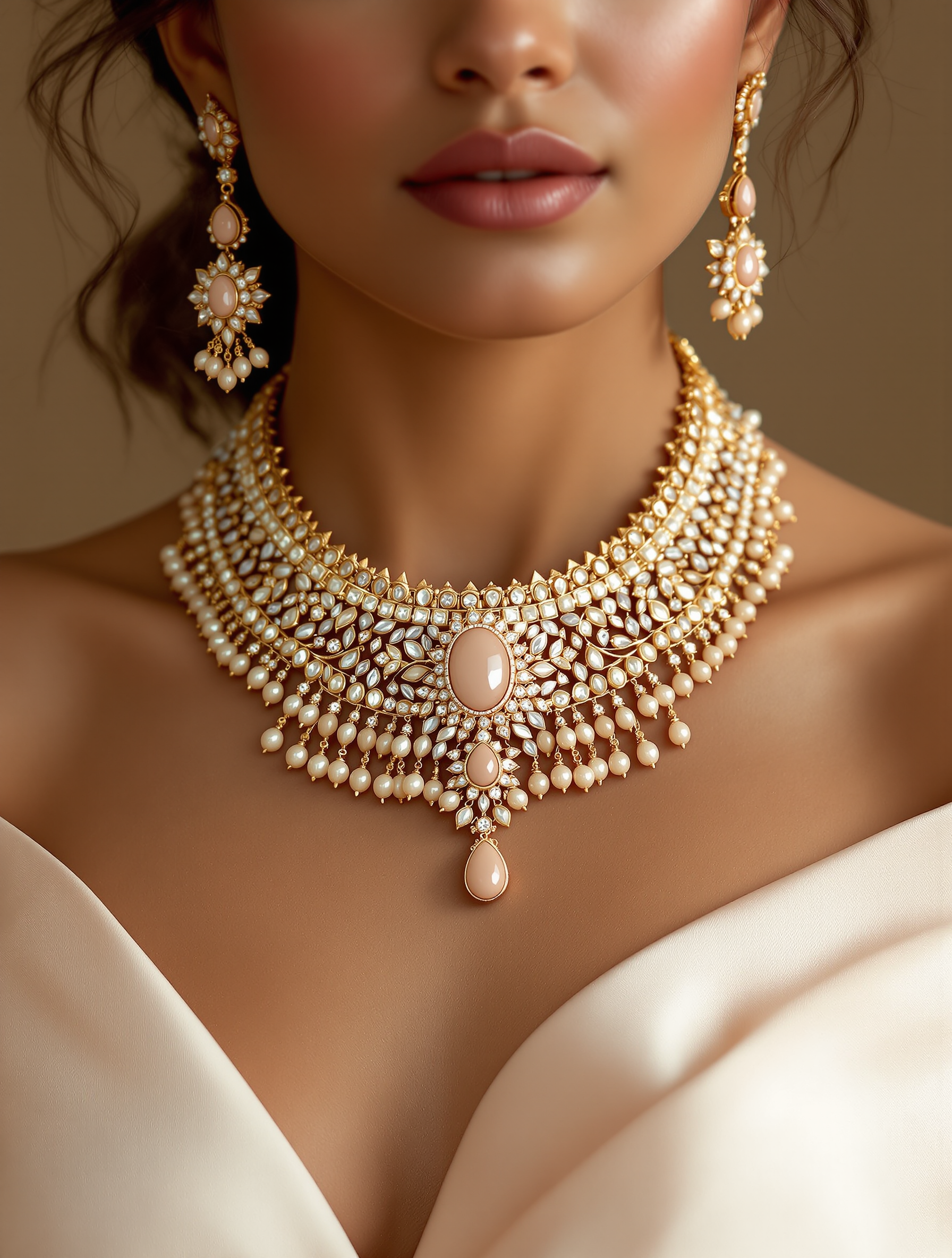 Polki Rani Haar - gold and blush kundan necklace with matching earrings