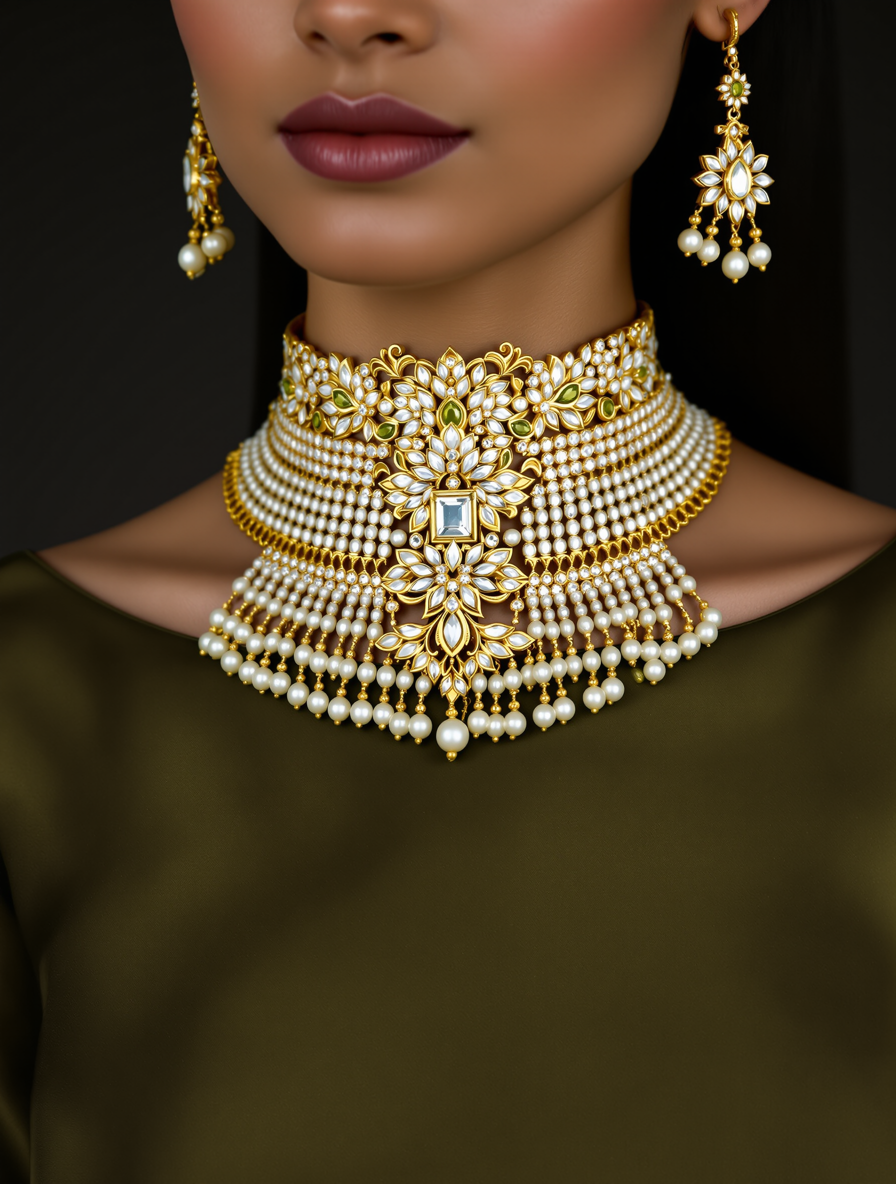 Gold polki choker with pearl and olive bead detailing